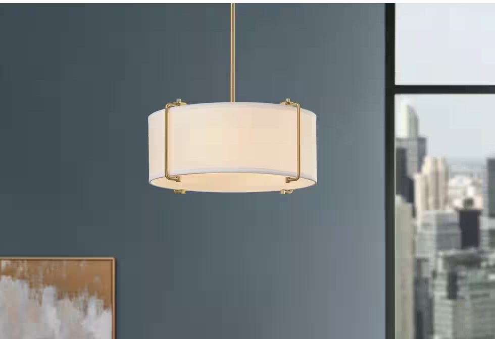 Brookley 4-Light Brushed Gold Pendant Light with White Fabric Shade