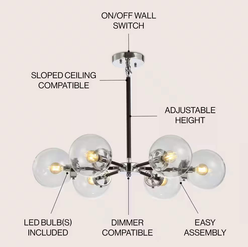 JONATHAN Y Caleb 6-Light 28" Brass Cluster Chandelier, Chrome/Black