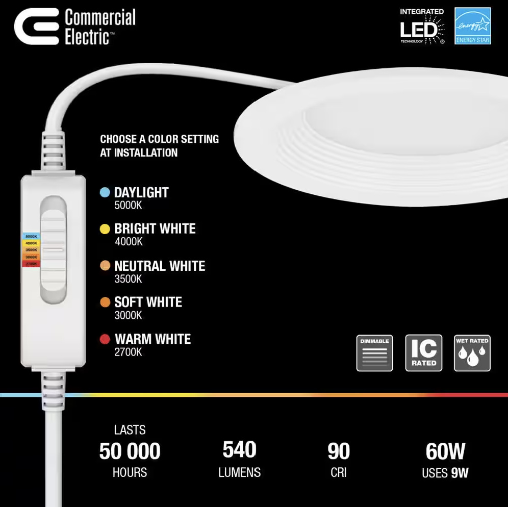 Commercial Electric Slim Baffle Integrated LED 4 in Round Adj Color Temp Canless Recessed Light for Kitchen Bath Living rooms, White