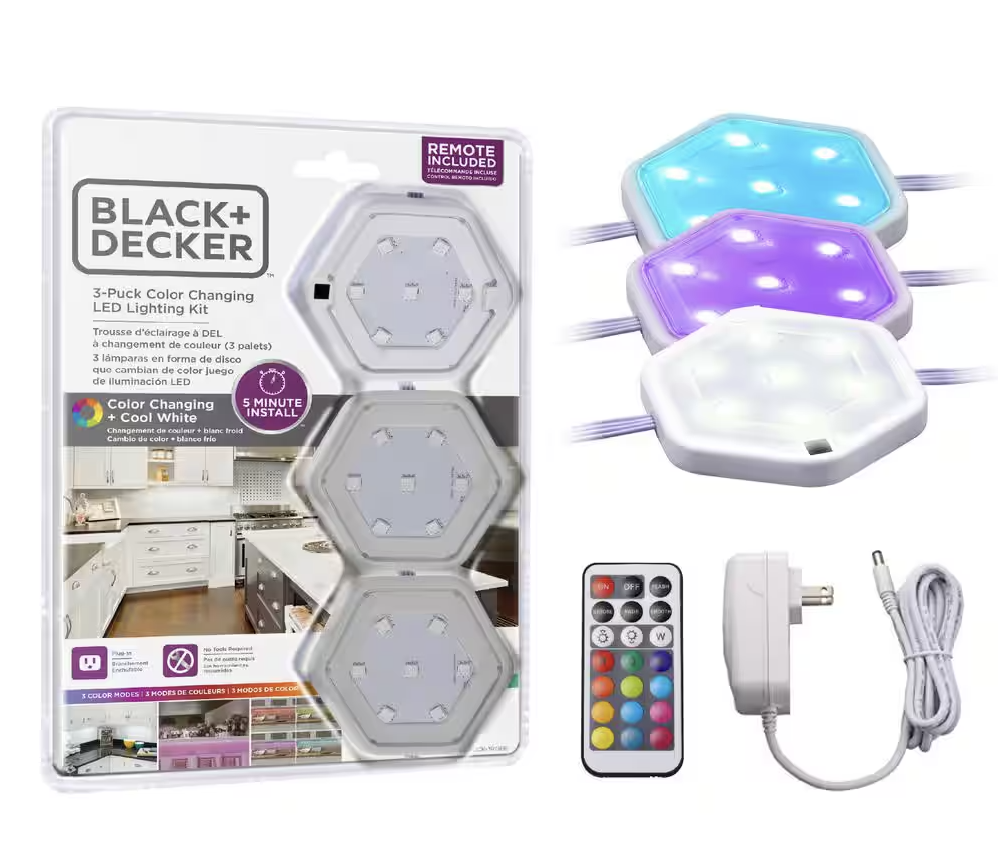 BLACK+DECKER LED Puck Light Kit RGB Color Changing (3-Pack)