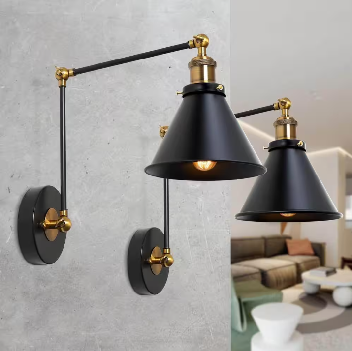 LNC Black Swing Arm Wall Lamp Modern 1-Light Hardwired/Plug in Wall Sconce Desk Lamp Wall Lights for Bedroom (2-Pack)