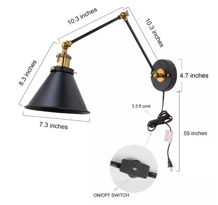 LNC Black Swing Arm Wall Lamp Modern 1-Light Hardwired/Plug in Wall Sconce Desk Lamp Wall Lights for Bedroom (2-Pack)