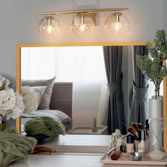 Uolfin Modern Gold Bathroom Vanity Light, 3-Light Farmhouse Brass Wall Sconce with Clear Globe Glass Shades