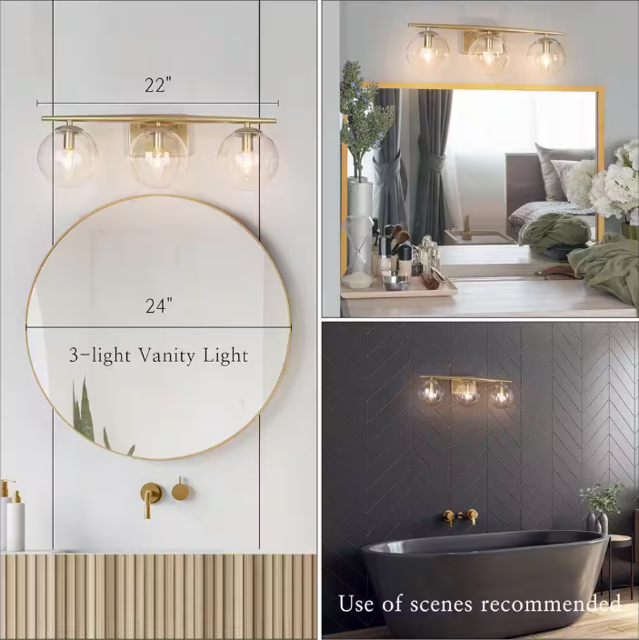 Uolfin Modern Gold Bathroom Vanity Light, 3-Light Farmhouse Brass Wall Sconce with Clear Globe Glass Shades