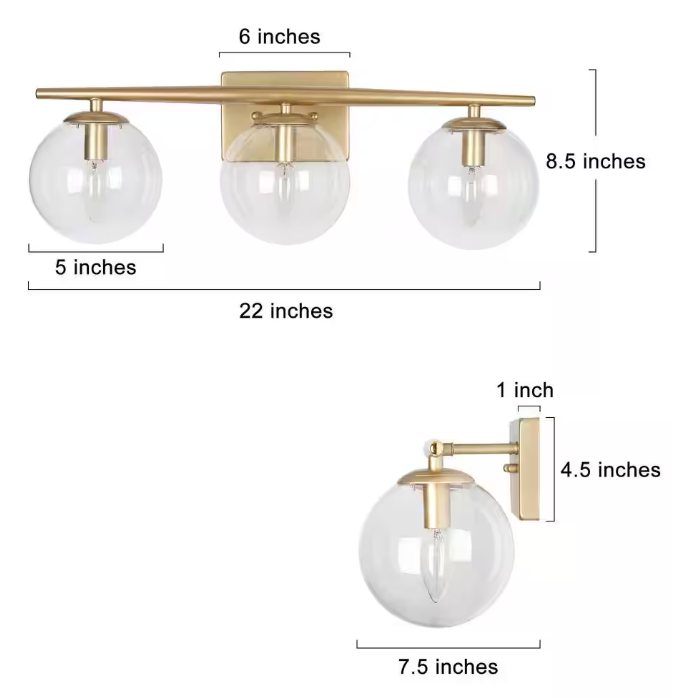 Uolfin Modern Gold Bathroom Vanity Light, 3-Light Farmhouse Brass Wall Sconce with Clear Globe Glass Shades