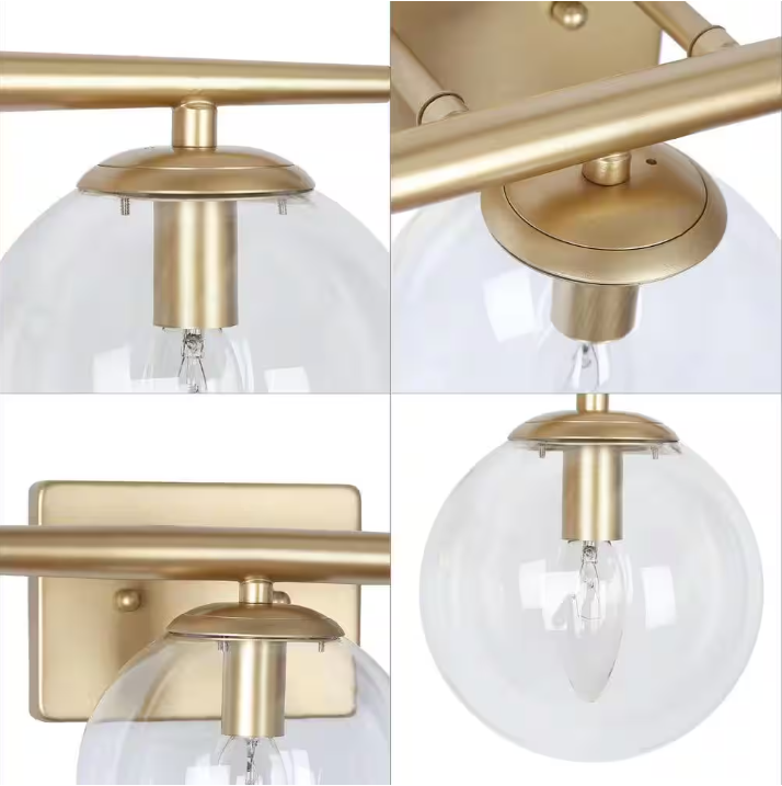 Uolfin Modern Gold Bathroom Vanity Light, 3-Light Farmhouse Brass Wall Sconce with Clear Globe Glass Shades