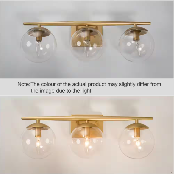 Uolfin Modern Gold Bathroom Vanity Light, 3-Light Farmhouse Brass Wall Sconce with Clear Globe Glass Shades