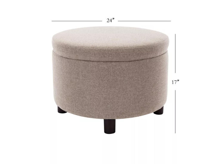 Wovenbyrd Classic Large Round Storage Ottoman Footstool with Removable Lid, Light Brown Fabric