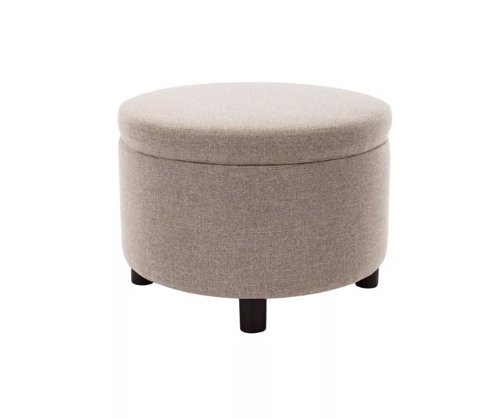 Wovenbyrd Classic Large Round Storage Ottoman Footstool with Removable Lid, Light Brown Fabric