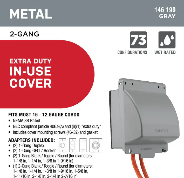 Commercial Electric 2-Gang Extra Duty Metallic Weatherproof in-Use Cover (73-in-1-Configurations), Gray