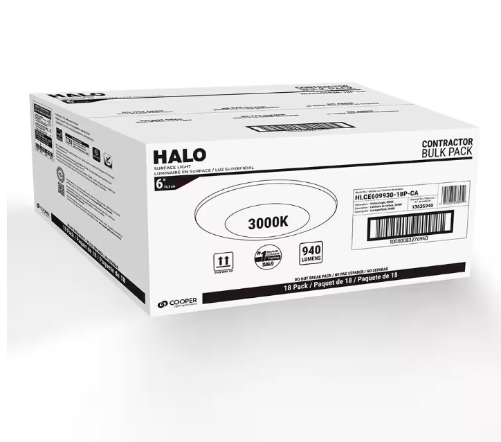 HALO HLCE 6" LED Disk Light, 900lm, 3000K, 18-Pack, Title 20 Compliant.