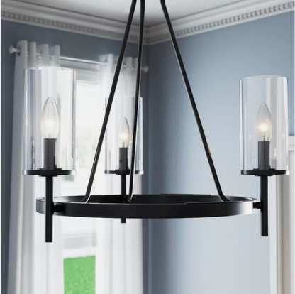 Progress Lighting Strahan 3-Light Black Transitional Clear Glass Shaded Incandescent Chandelier