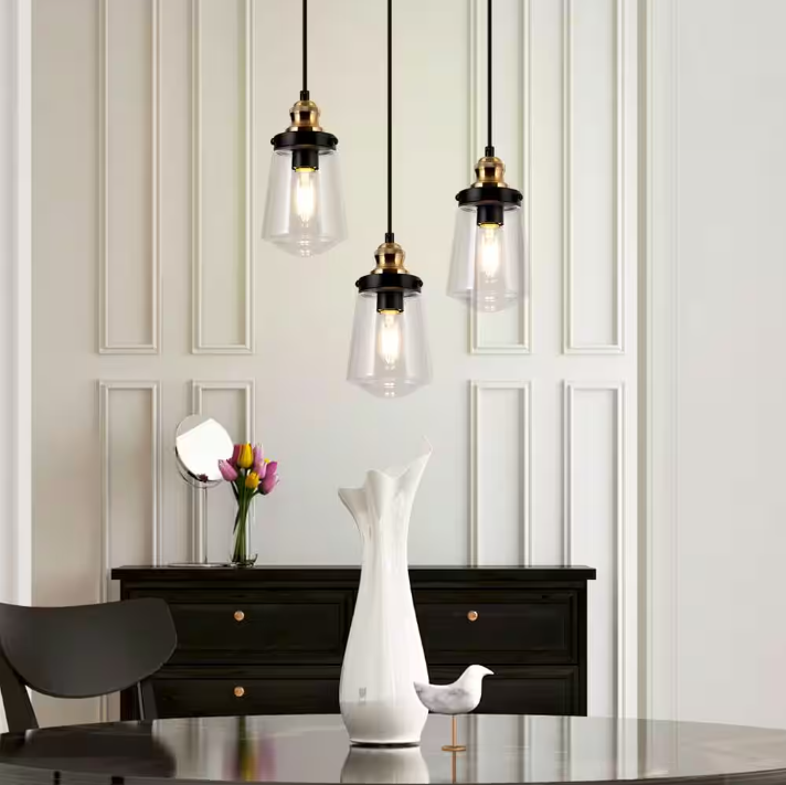 Uolfin Modern Kitchen Island Chandelier Pendant Light 1-Light Black and Brass Cylinder Pendant Light with Clear Glass Shade