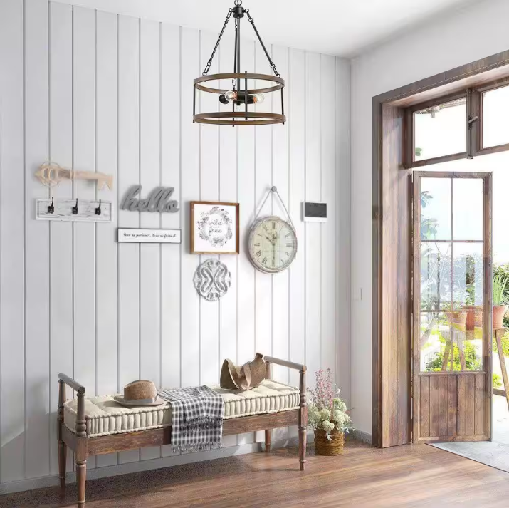 LNC Brown Drum Chandelier 3-Light Cage Black Pendant Farmhouse Chandelier for Foyer with Faux Wood Accents