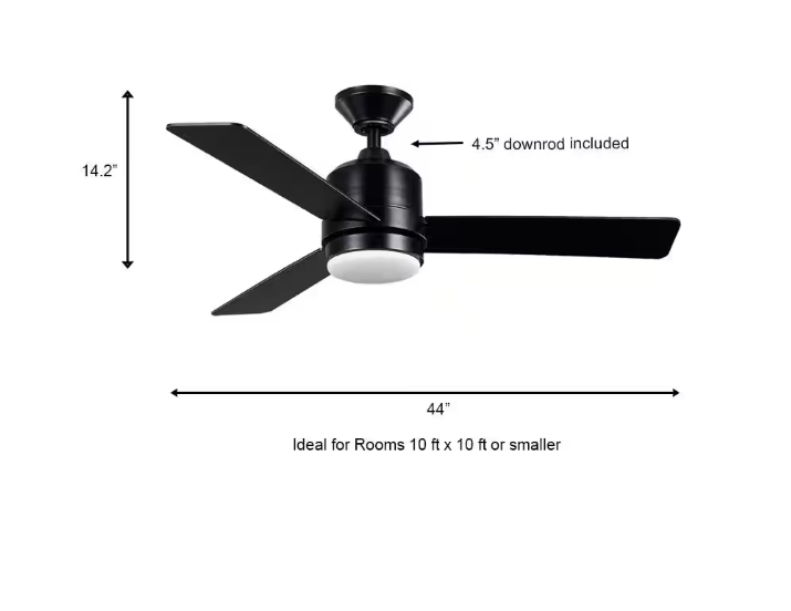 Hampton Bay Castlegate 44 in. Indoor Integrated LED Matte Black Ceiling Fan with 3 Reversible Blades, Light Kit and Remote Control