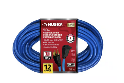 Husky 50 ft. 12/3 Medium Duty Cold Weather Indoor/Outdoor Extension Cord, Blue