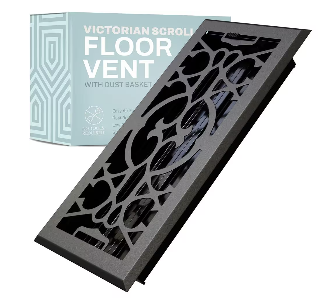 Victorian Scroll 4 X 12 in. Decorative Floor Register Vent with Mesh Cover Trap, Dark Grey