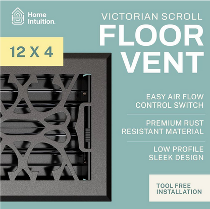 Victorian Scroll 4 X 12 in. Decorative Floor Register Vent with Mesh Cover Trap, Dark Grey