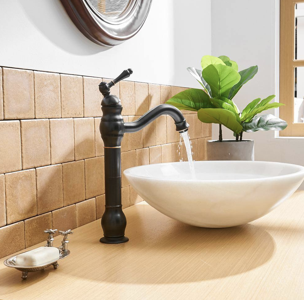 Single Hole Single Handle Bathroom Vessel Sink Faucet with 360° Swivel Spout and Pop-up Drain in Oil Rubbed Bronze