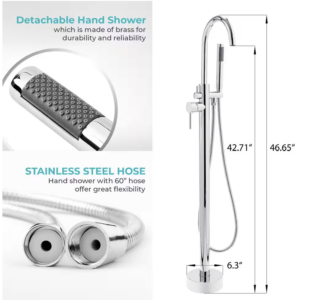 1-Handle Freestanding Floor Mount Roman Tub Faucet Bathtub Filler with Hand Shower in Chrome