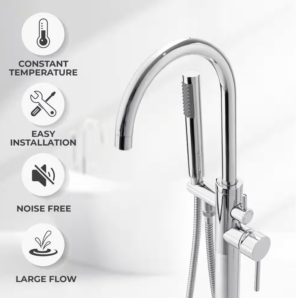 1-Handle Freestanding Floor Mount Roman Tub Faucet Bathtub Filler with Hand Shower in Chrome