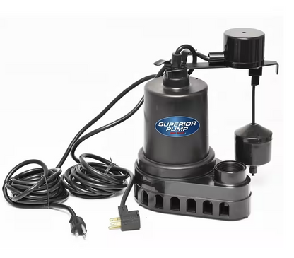 Superior Pump 92572 1/2 HP Thermoplastic Submersible Water Sump Pump with Vertical Float Switch  Black