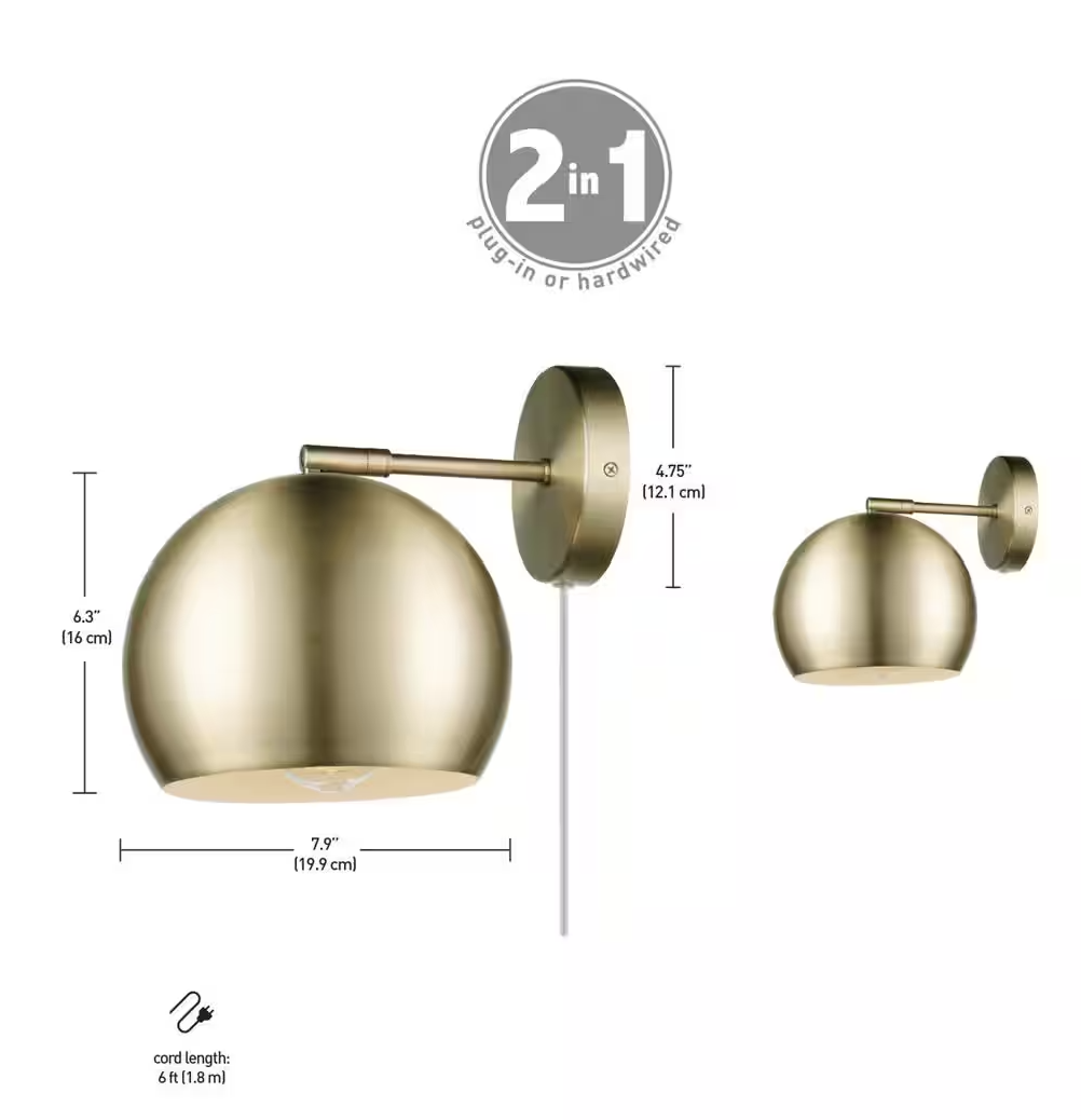 (2 Pack)Globe Electric Miller 1-Light Antique Brass Plug-in or Hardwire Wall Sconce with 6 Ft. Cord