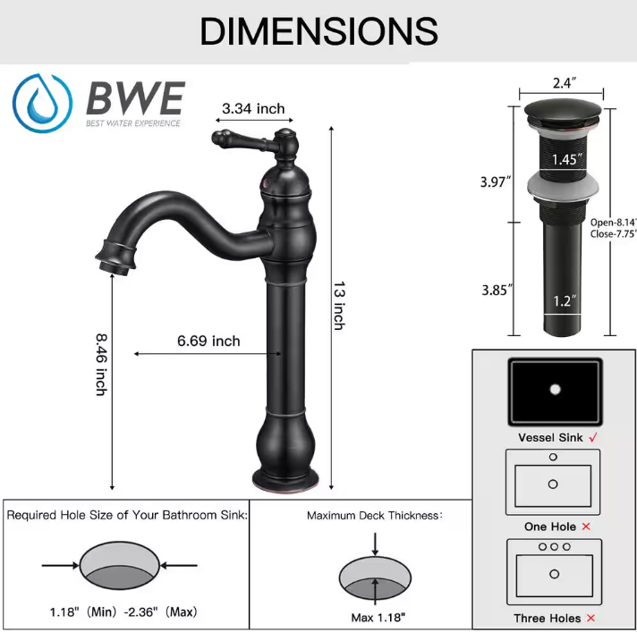 Single Hole Single Handle Bathroom Vessel Sink Faucet with 360° Swivel Spout and Pop-up Drain in Oil Rubbed Bronze