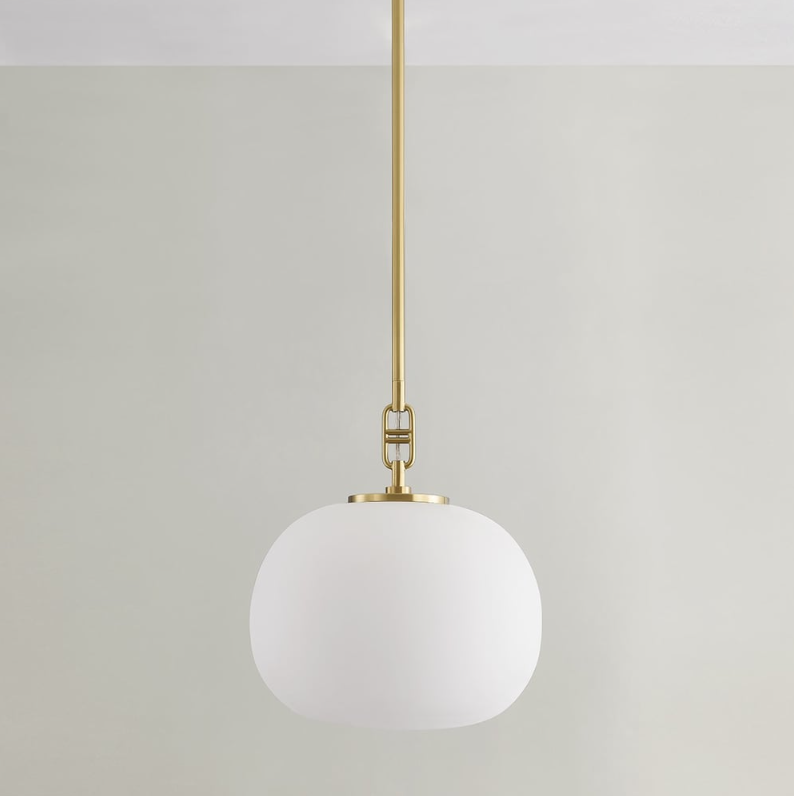 Ingels 1-Light Elliptical-Shaped Aged Brass w/ Opal Matte Glass Shade Pendant