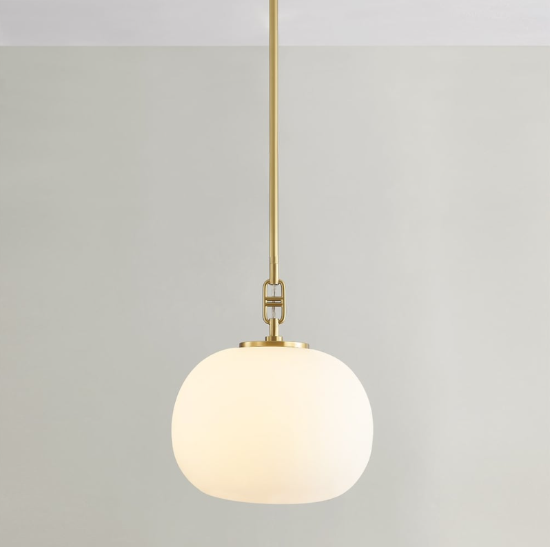 Ingels 1-Light Elliptical-Shaped Aged Brass w/ Opal Matte Glass Shade Pendant