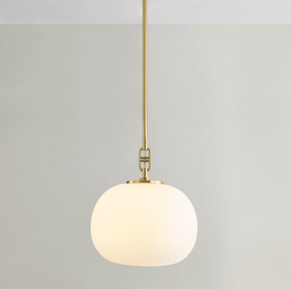 Ingels 1-Light Elliptical-Shaped Aged Brass w/ Opal Matte Glass Shade Pendant