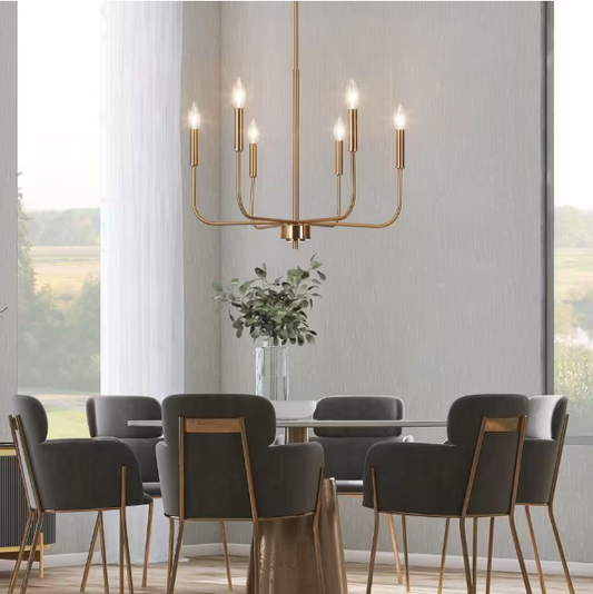 Uolfin Modern Gold Candlestick Chandelier Transitional 6-Light Plated Brass Pendant Light