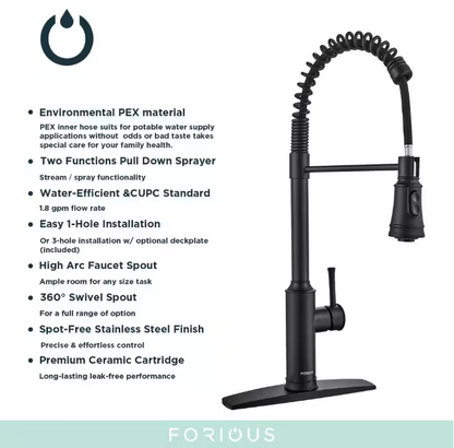 High Arc Commercial Spring Kitchen Faucet with Pull Down Sprayer in Matte Black