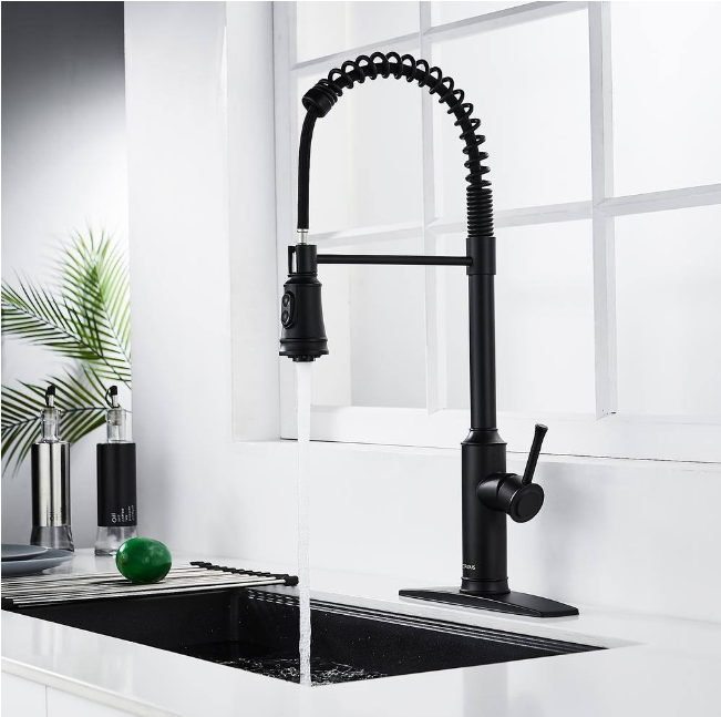 High Arc Commercial Spring Kitchen Faucet with Pull Down Sprayer in Matte Black