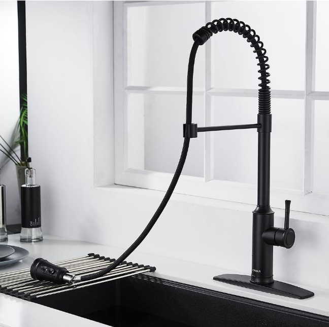 High Arc Commercial Spring Kitchen Faucet with Pull Down Sprayer in Matte Black