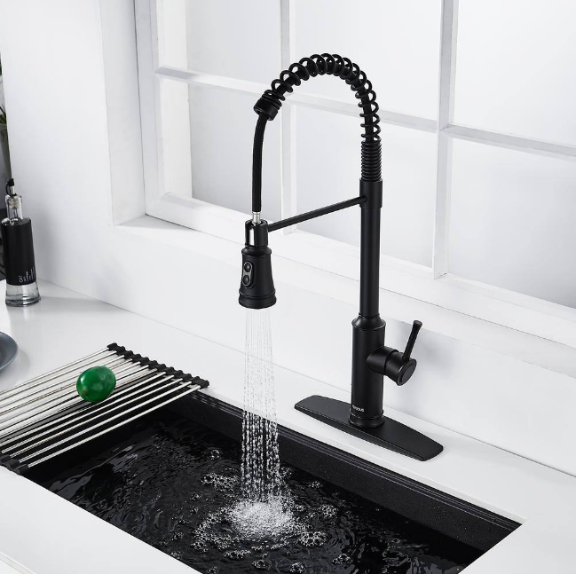 High Arc Commercial Spring Kitchen Faucet with Pull Down Sprayer in Matte Black