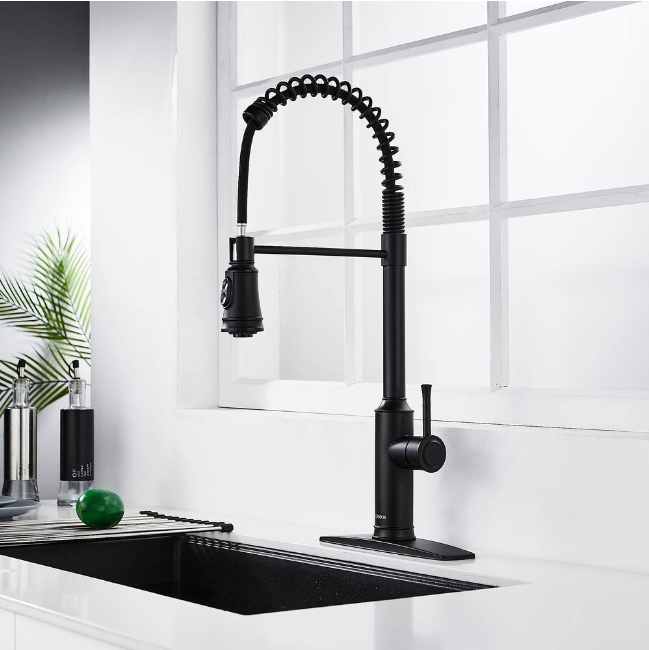 High Arc Commercial Spring Kitchen Faucet with Pull Down Sprayer in Matte Black