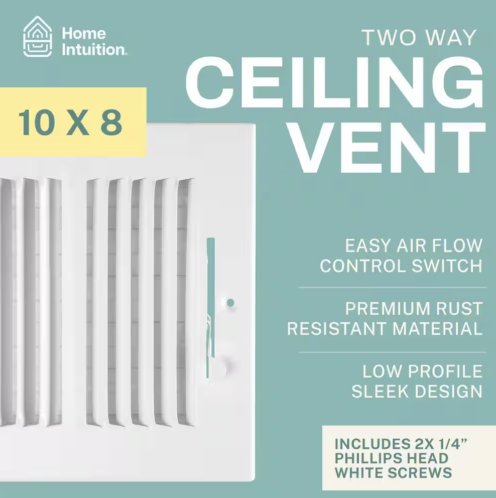 Home Intuition Ceiling Register - Air Vent Covers for Home Ceiling or Wall - 10X8 Inch (Duct Opening) 2-Way White Grille Register Cover with Adjustabl