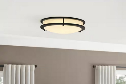 Flaxmere 14 in. Matte Black Dimmable LED Flush Mount Ceiling Light with Frosted White Glass Shade