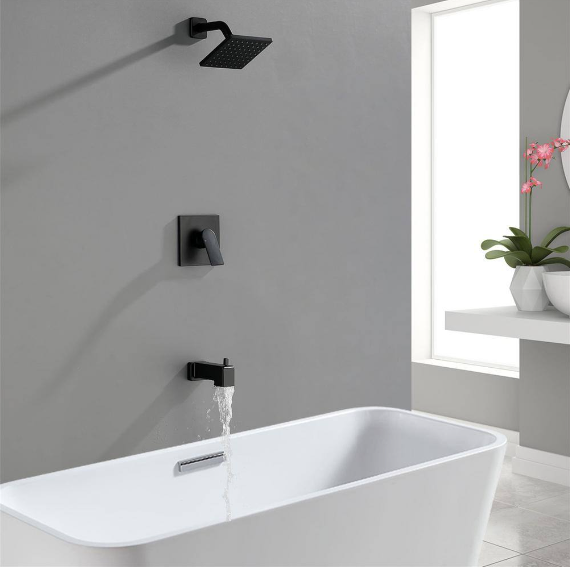 Single Handle 1-Spray Wall Mount Tub and Shower Faucet 1.8 GPM 6 in. Shower System in Matte Black Valve Included