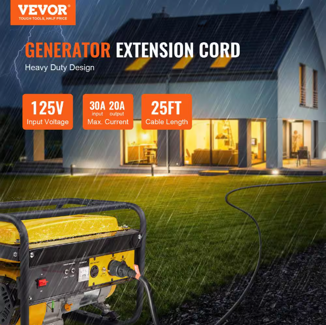 VEVOR Generator Extension Cord 25 ft. SJTW 30Amp 125-Volt 14-30P to 5-20R Generator Extension Cord with Twist Lock Light End