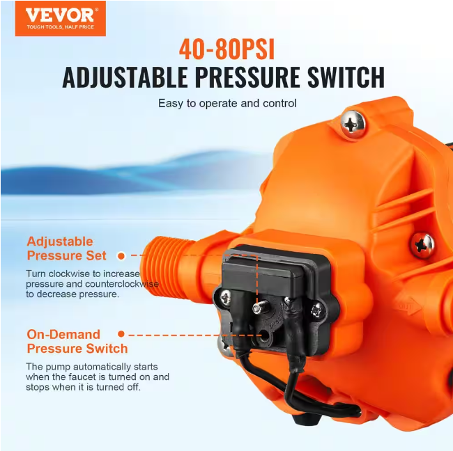 VEVOR Diaphragm Pump 3.3 GPM 110V 6 ft. Height Water Submersible Pump 45 PSI 0.24 HP 1/2 in. MNPT Inlet/Outlet for Boat RV