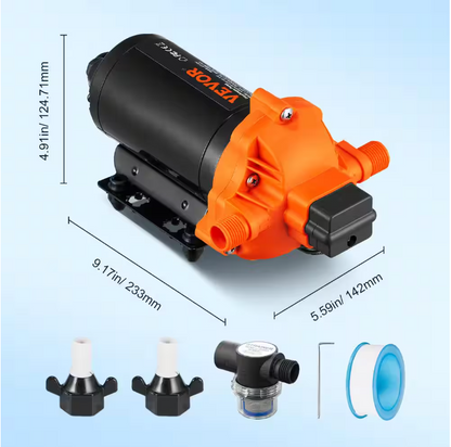 VEVOR Diaphragm Pump 3.3 GPM 110V 6 ft. Height Water Submersible Pump 45 PSI 0.24 HP 1/2 in. MNPT Inlet/Outlet for Boat RV