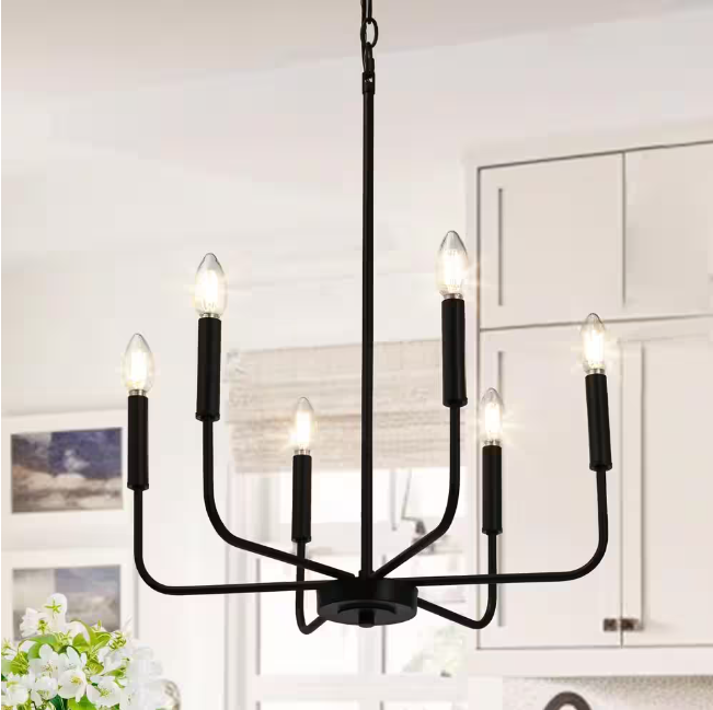 LNC Industrial 6-Light Black Chandelier Classic Candlestick Island Light for Living Room, Kitchen Island, and Studio