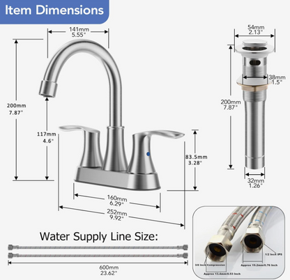 Phiestina 4 Inch 2 or 3 Hole Brushed Nickel Bathroom Sink Faucet RV Swivel 2 Handle Centerset Bath Vanity Faucet, with cUPC Water Supply line & Metal Pop-up Drain,TY36-BN