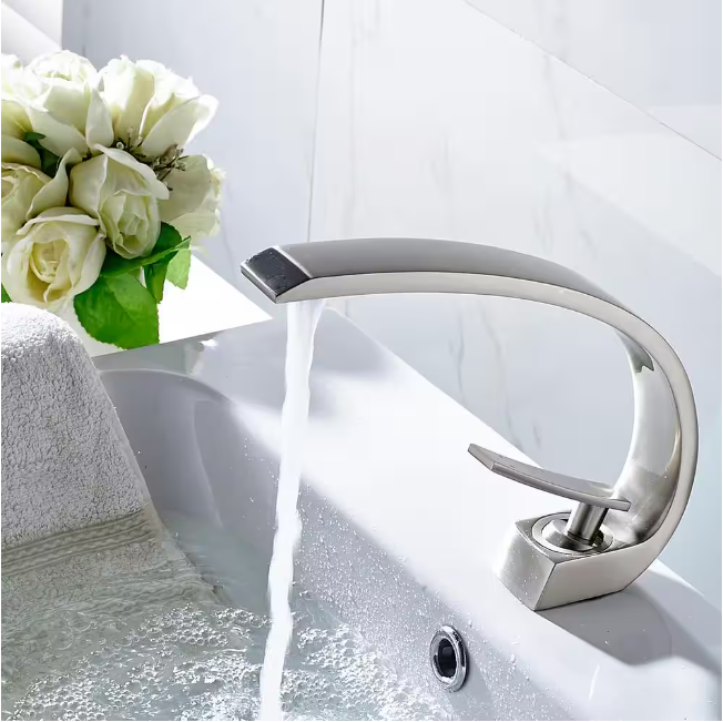 Sanitary Ware Single-Handle Single-Hole Bathroom Faucet Curved Type in Brushed Nickel