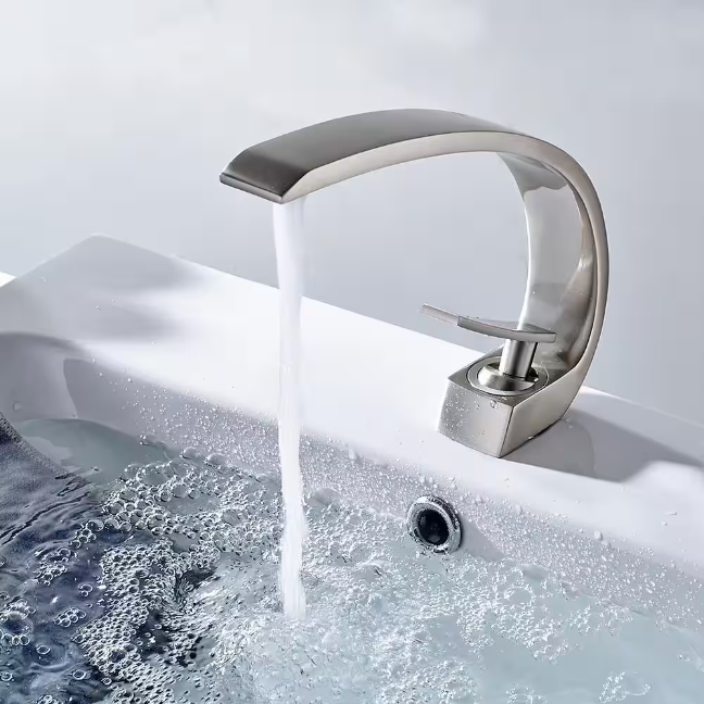 Sanitary Ware Single-Handle Single-Hole Bathroom Faucet Curved Type in Brushed Nickel