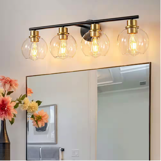 Deyidn 7.9 in. 4-Lights Matte Black and Gold Bathroom Vanity Light Accents and Clear Glass Shades