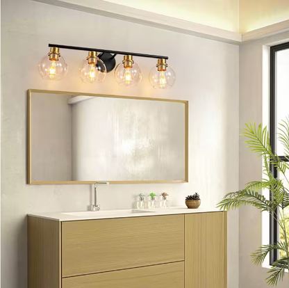 Deyidn 7.9 in. 4-Lights Matte Black and Gold Bathroom Vanity Light Accents and Clear Glass Shades