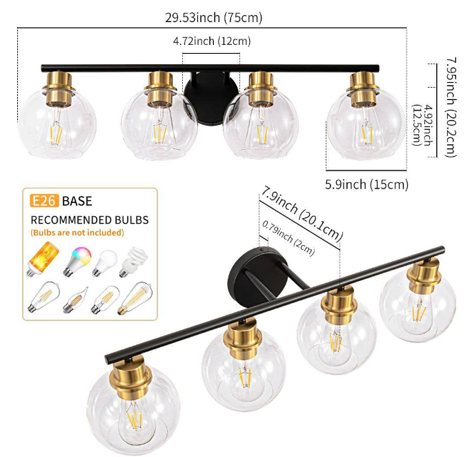 Deyidn 7.9 in. 4-Lights Matte Black and Gold Bathroom Vanity Light Accents and Clear Glass Shades
